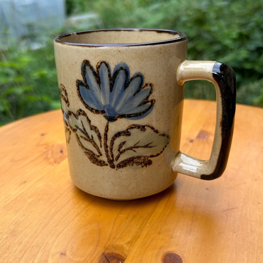 Vintage Stoneware Mug Blue Flower Hand Painted Speckled Retro Korea MCM Large